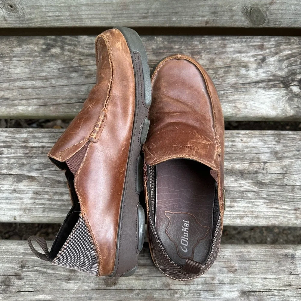 OluKai Na'i WP Waterproof Leather Slip On‎ Loafers Brown Size US 10 EUR43